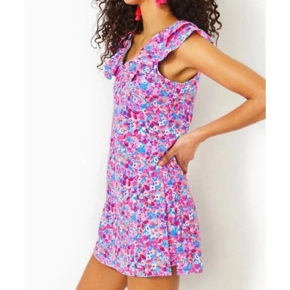 Lilly Pulitzer Linwood Aura Pink Baby Bloomer Romper Floral Ruffled Sleeveless - Picture 1 of 7